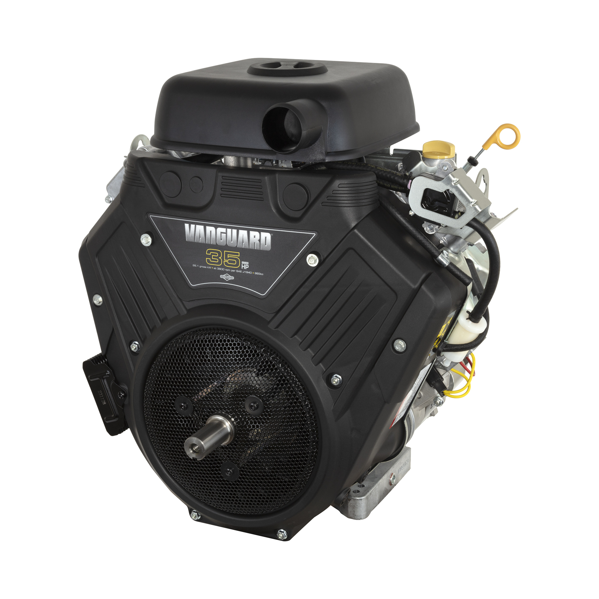 35.0 GHP Vanguard Horizontal Shaft Engine, 993cc, 1-7/16" x 4-1/2" Crankshaft, Tapped 5/8-18, 3/8" Keyway,12V Electric Start, 20A Alternator, Model# 613477-0250-J1